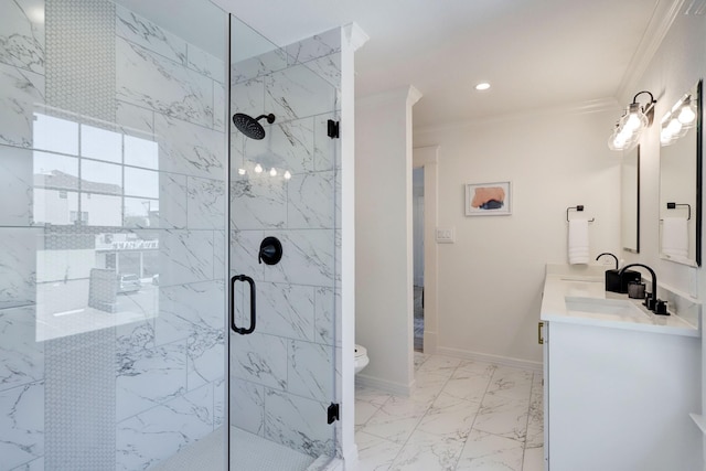 bathroom with vanity, toilet, crown molding, and walk in shower