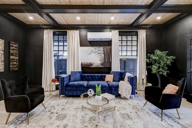 interior space with beamed ceiling, a wall unit AC, and coffered ceiling