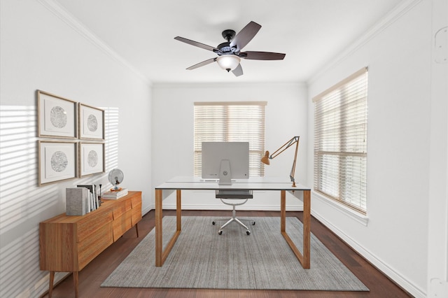 office with ceiling fan, hardwood / wood-style floors, and ornamental molding