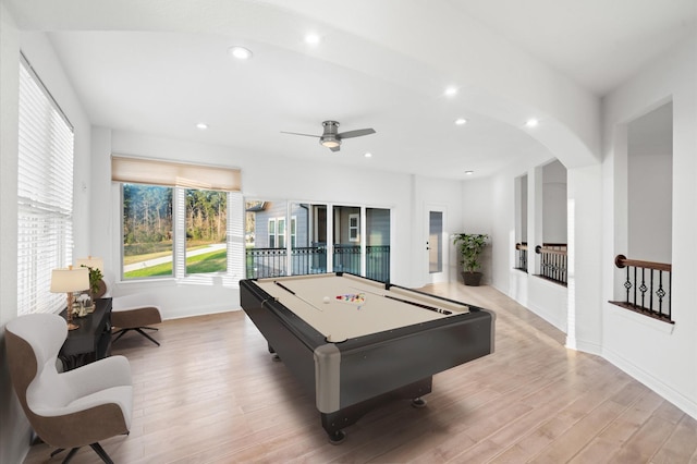 playroom featuring light hardwood / wood-style flooring, ceiling fan, a healthy amount of sunlight, and billiards