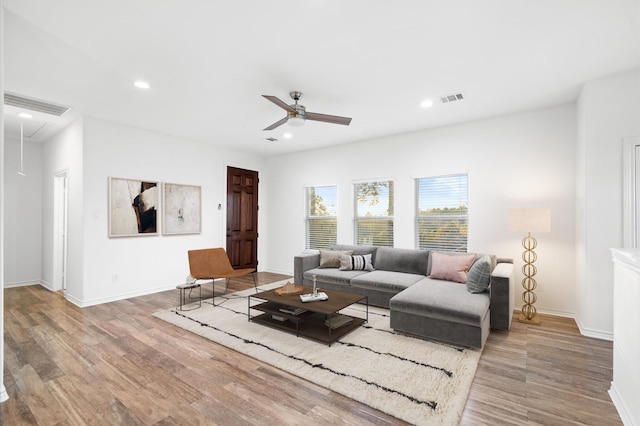 living room with ceiling fan and light hardwood / wood-style flooring