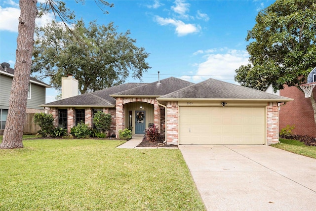 ranch-style house with a front yard and a garage