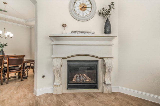 details with crown molding and a notable chandelier