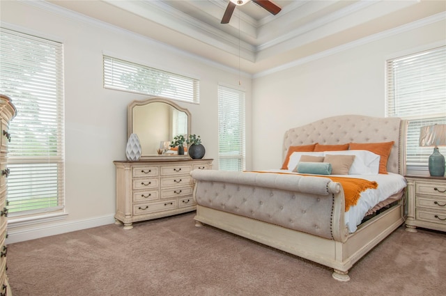 bedroom featuring a raised ceiling, multiple windows, ceiling fan, and light carpet