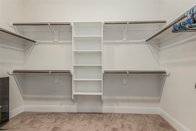 walk in closet featuring light colored carpet