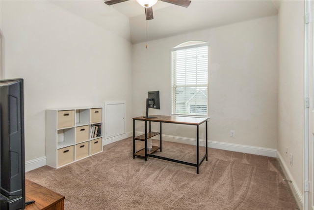 home office with carpet flooring and ceiling fan