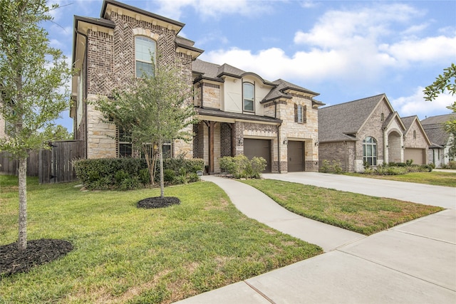 view of front of property featuring a front yard and a garage