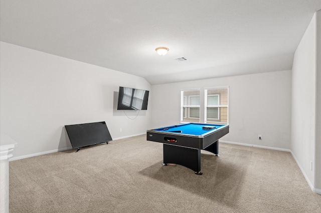 recreation room featuring light colored carpet, pool table, and vaulted ceiling