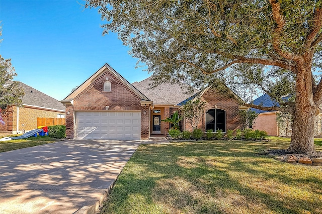 3815 Founders Dr, Needville, TX 77461 - view of front of house featuring brick siding, driveway, a garage, a front yard, and a shingled roof