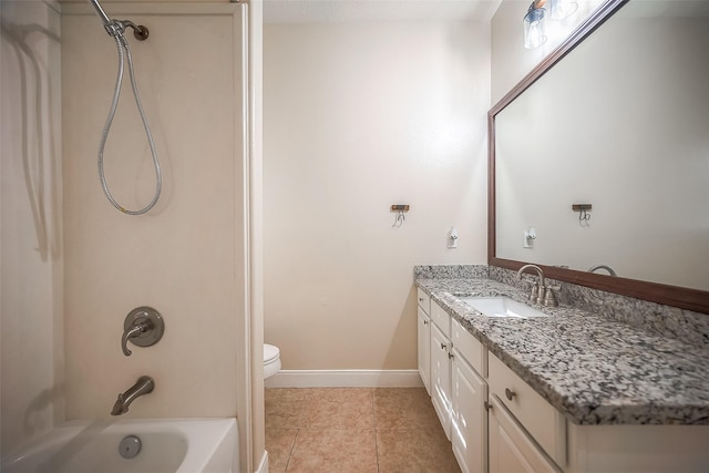 full bathroom with toilet, tile patterned flooring, vanity, and washtub / shower combination