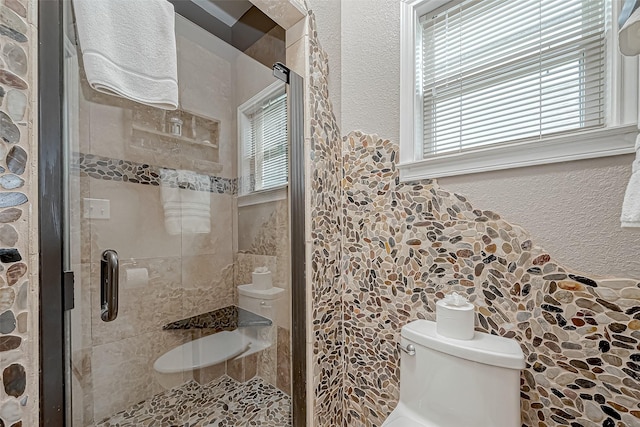 bathroom featuring plenty of natural light, toilet, and a shower with door