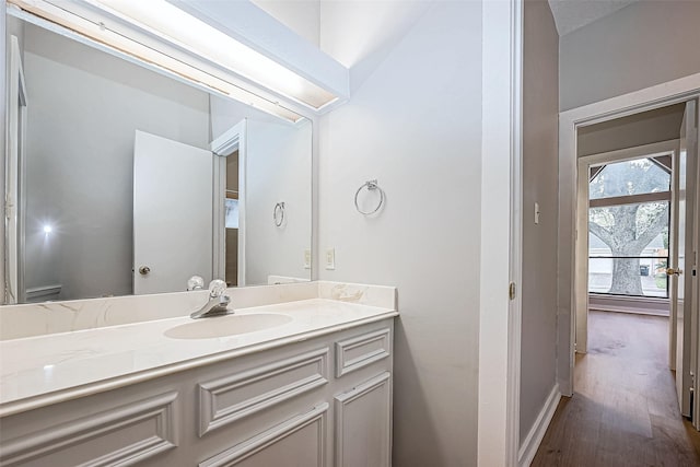 bathroom with vanity and hardwood / wood-style flooring