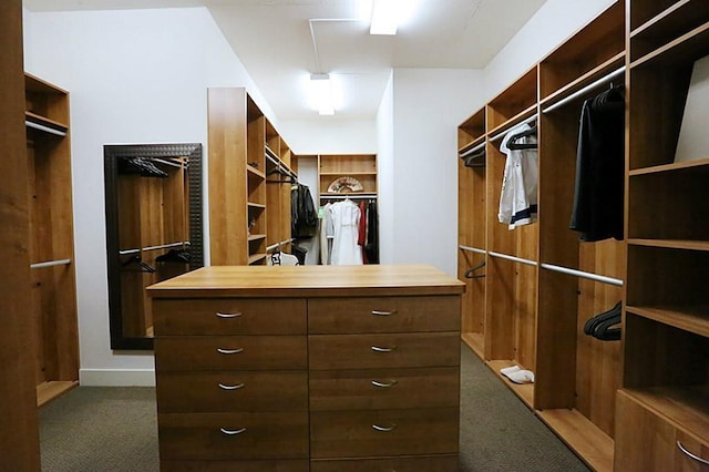 spacious closet featuring dark carpet