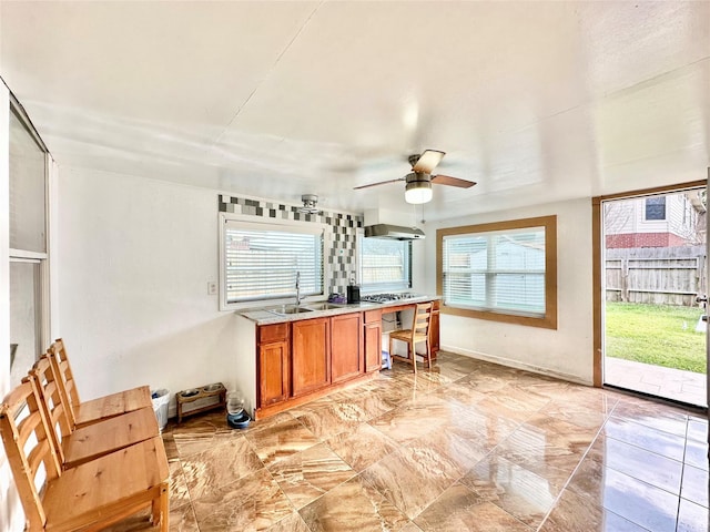 kitchen featuring ventilation hood, ceiling fan, sink, and stainless steel gas stovetop