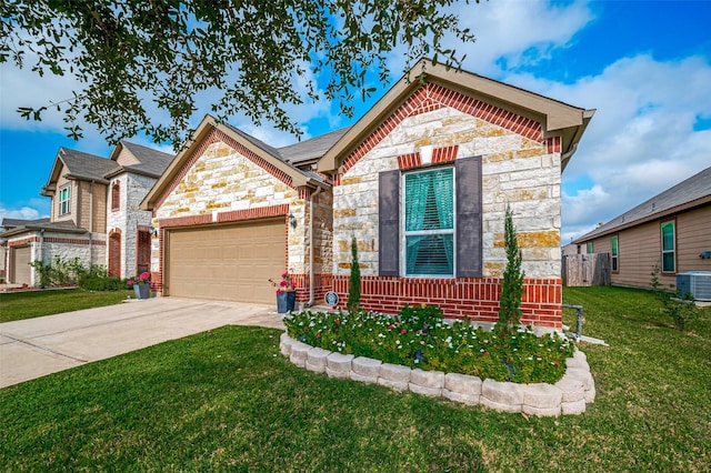 view of front facade with central AC, a front lawn, and a garage