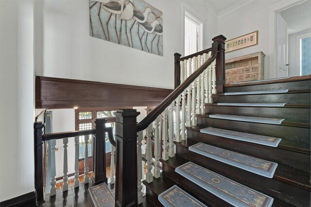 staircase featuring wood-type flooring and ornamental molding