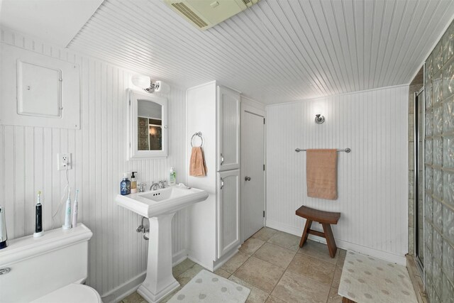 bathroom featuring toilet, an enclosed shower, and sink