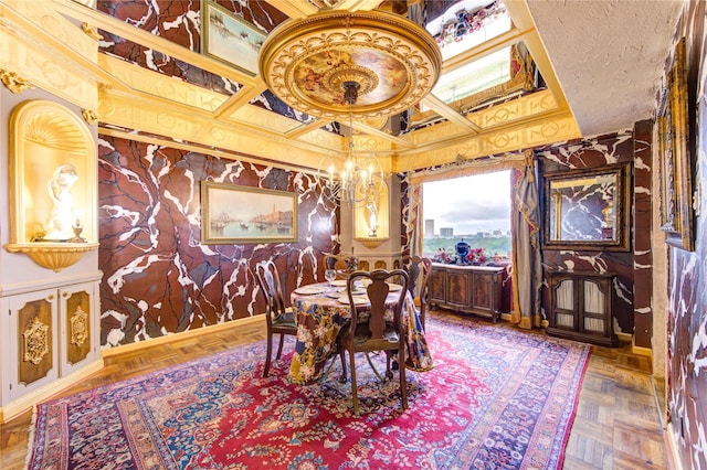 dining space with a towering ceiling, parquet floors, and a chandelier