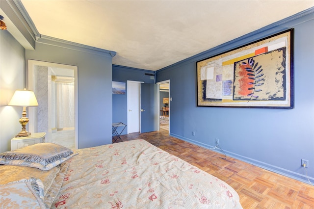 bedroom with crown molding and parquet floors