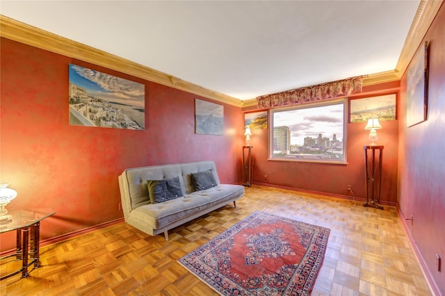 sitting room featuring light parquet flooring and ornamental molding