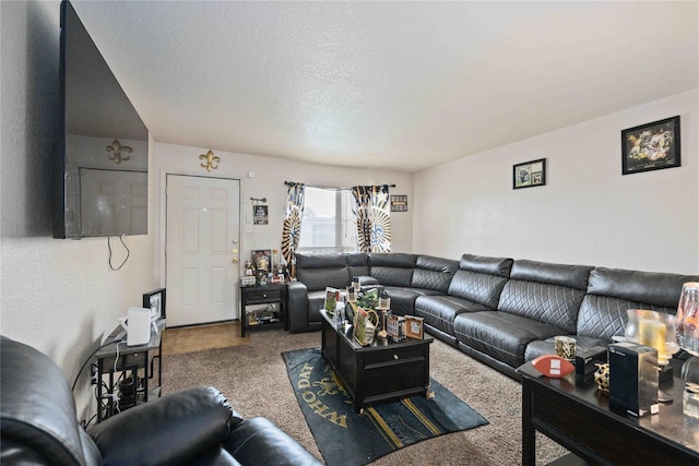 carpeted living room featuring a textured ceiling