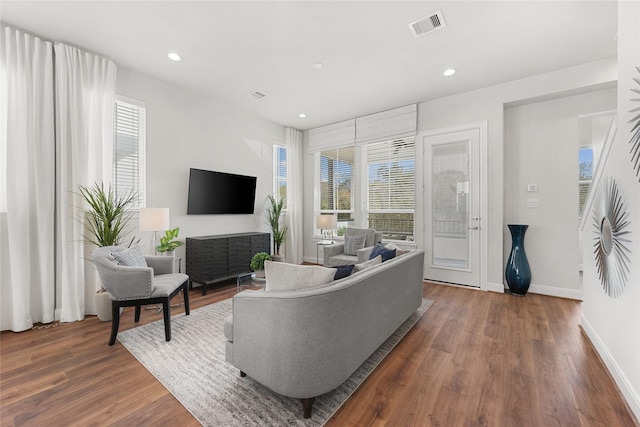 living room with a wealth of natural light and hardwood / wood-style floors