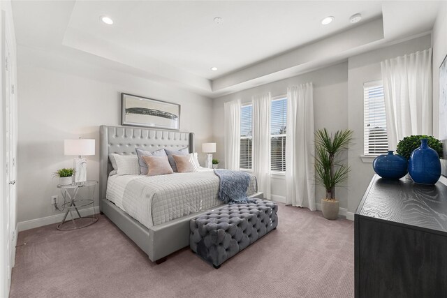 bedroom featuring light colored carpet, multiple windows, and a tray ceiling