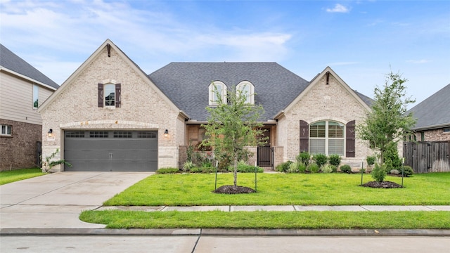 french provincial home with a front yard and a garage