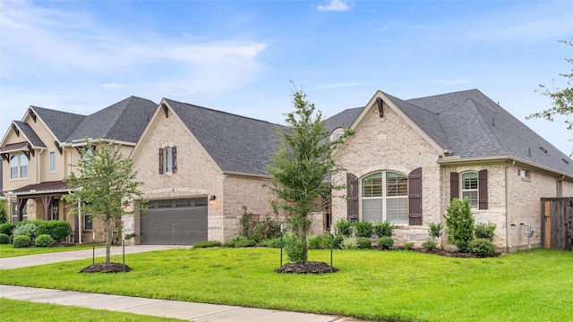 french country inspired facade with a front yard and a garage