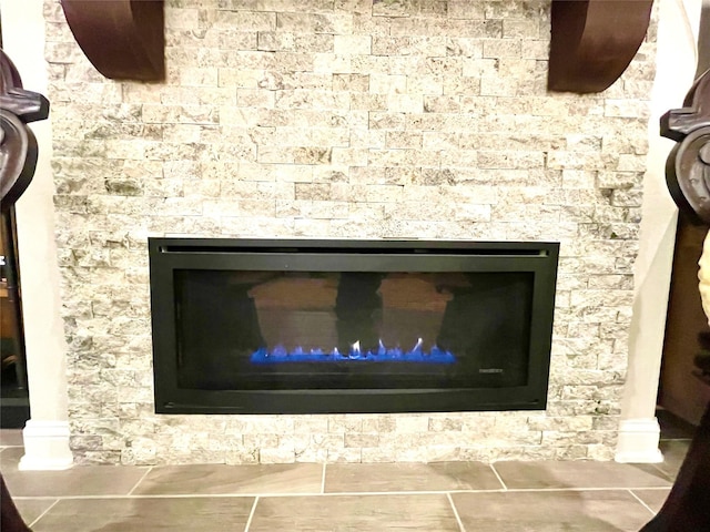 room details with a stone fireplace