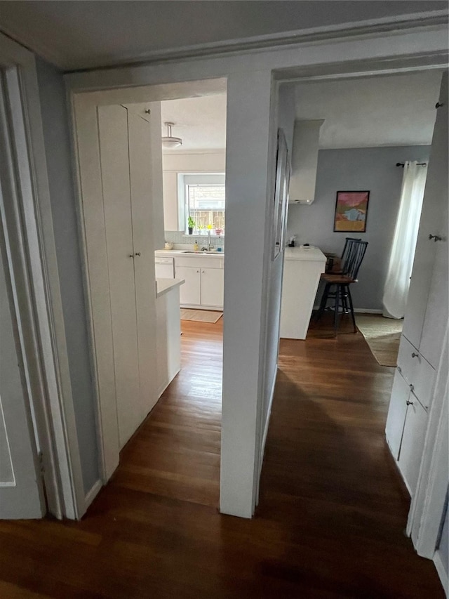 hall featuring dark hardwood / wood-style flooring and sink