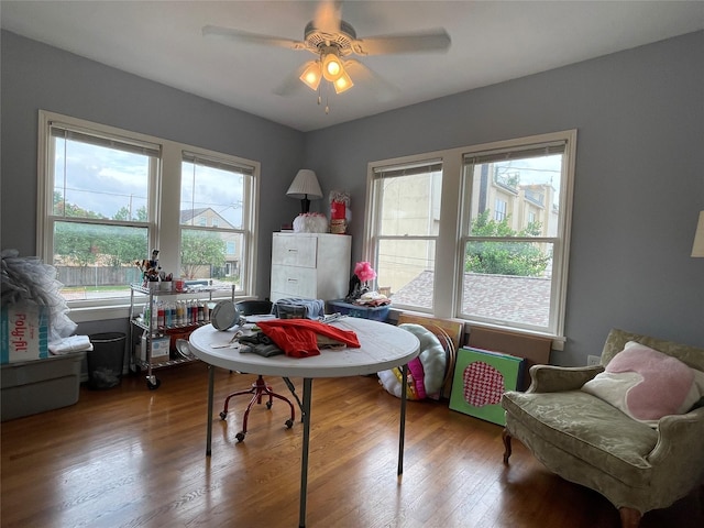 bedroom featuring multiple windows, ceiling fan, and hardwood / wood-style flooring