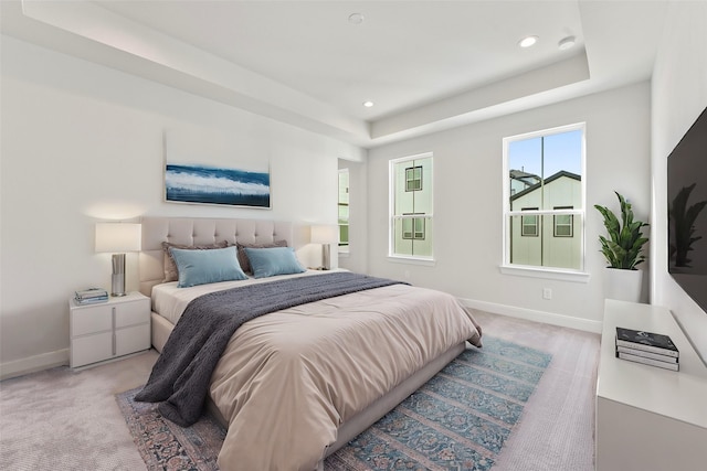 carpeted bedroom with a raised ceiling