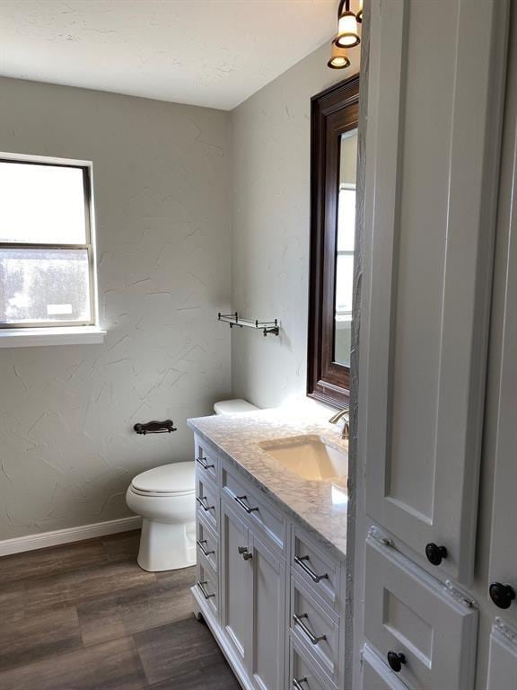 bathroom featuring vanity, hardwood / wood-style floors, and toilet