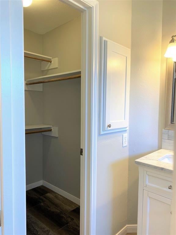 bathroom featuring vanity and wood-type flooring