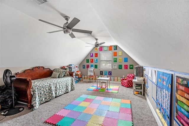 game room featuring carpet flooring, ceiling fan, a textured ceiling, and lofted ceiling