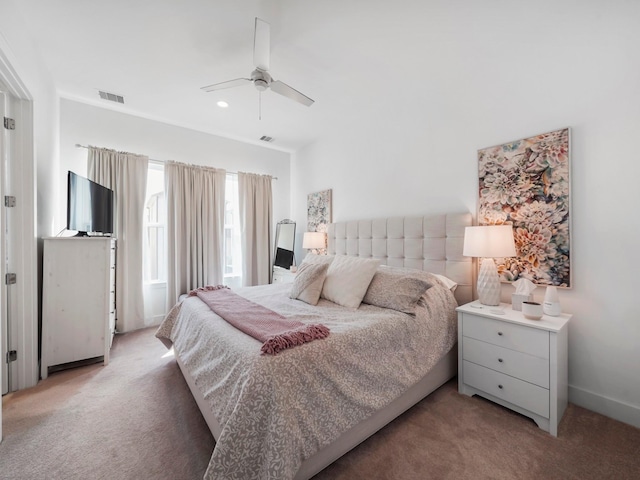 bedroom featuring carpet flooring and ceiling fan