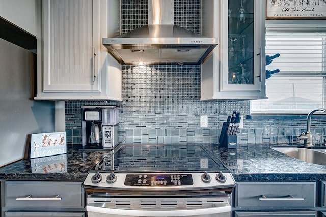 kitchen featuring gray cabinetry, wall chimney range hood, sink, electric range, and tasteful backsplash