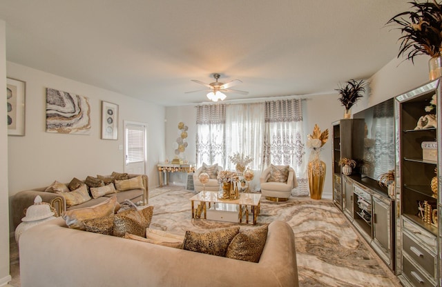 living room featuring ceiling fan