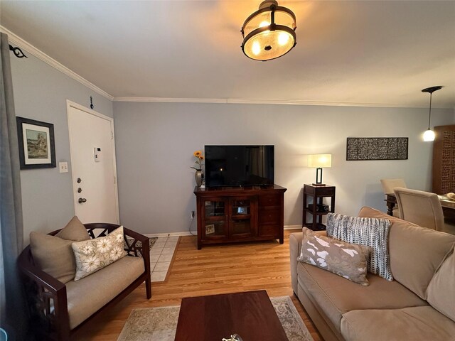 living room with wood-type flooring and crown molding