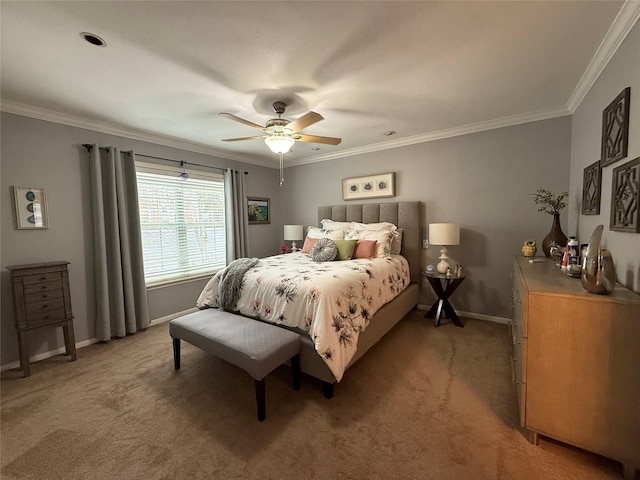 bedroom with carpet, ceiling fan, and crown molding