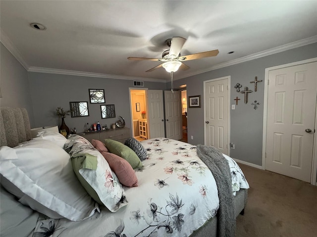 bedroom with connected bathroom, ceiling fan, crown molding, and carpet floors