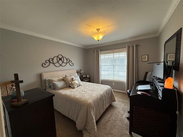 carpeted bedroom featuring crown molding