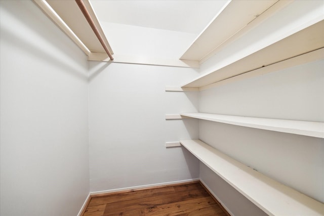 spacious closet with dark hardwood / wood-style flooring