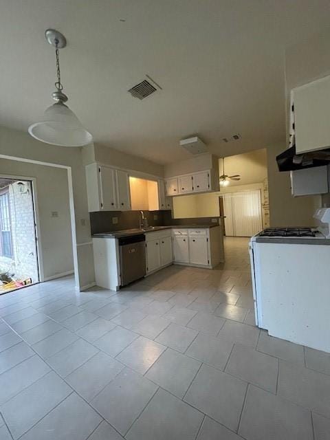 kitchen featuring white range oven, white cabinetry, dishwasher, and pendant lighting