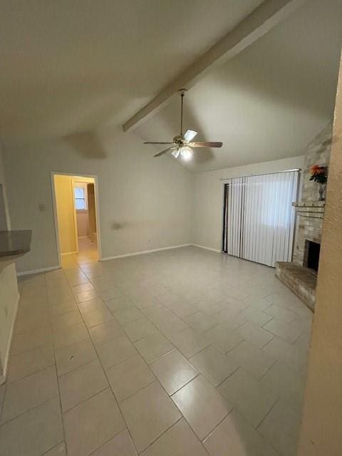 unfurnished living room with high vaulted ceiling, a brick fireplace, ceiling fan, light tile patterned floors, and beamed ceiling