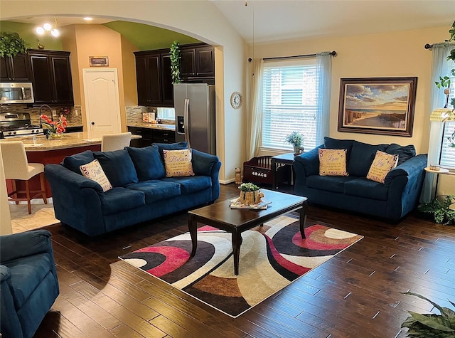 living room with lofted ceiling and dark wood-type flooring