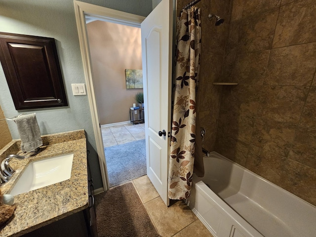 bathroom with vanity, tile patterned flooring, and shower / tub combo with curtain