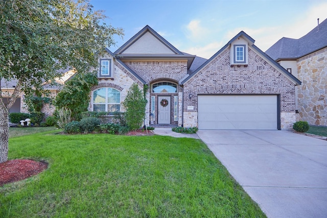 view of front facade with a front yard and a garage