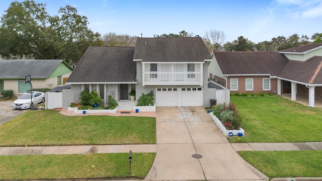 view of front of home with a front yard and a garage